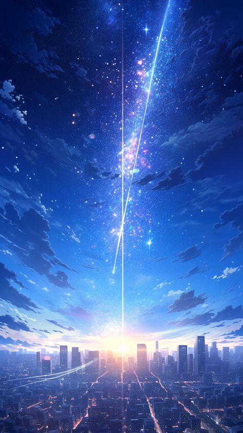 Beautiful shooting stars flying across the sky, it is an anime-style AI artwork made possible with Midjourney's Niji. 2160x3840 Wallpaper, Dreamy Artwork, Graphisches Design, Dreamy Landscapes, Beautiful Locations Nature, Anime Artwork Wallpaper, City Wallpaper, Beautiful Landscape Wallpaper, Anime Scenery Wallpaper