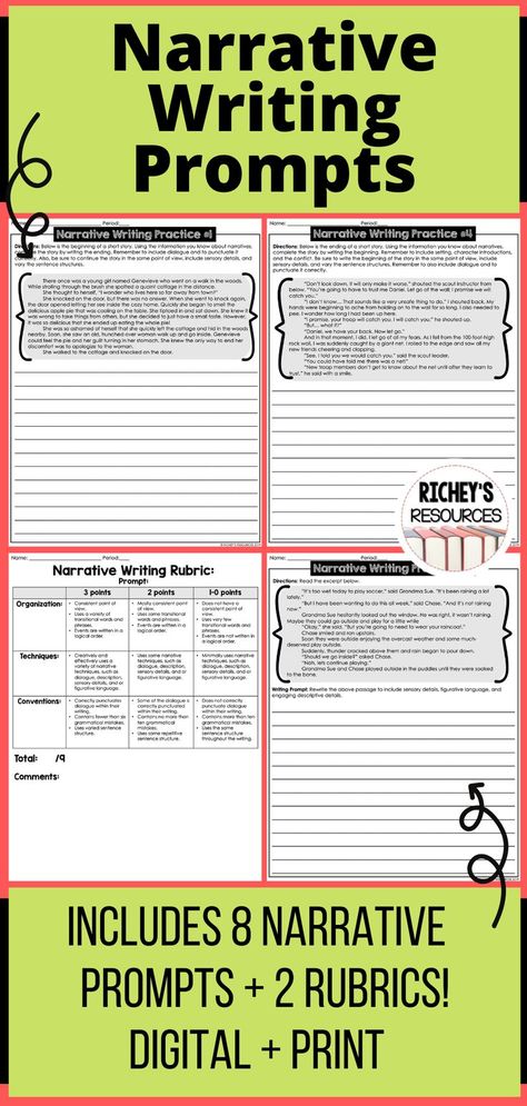 This resource includes 8 finish the narrative story prompts. Students can use the prompts provided to practice and review the skills needed in narrative writing. There are a total of 8 written stories that help engage your student into writing. These prompts focus on completing the ending of the story, the beginning of the story, incorporating dialogue, and incorporating sensory details within the story. Expository Essay Topics, Narrative Prompts, Narrative Writing Prompts, Narrative Story, Sensory Details, Expository Essay, Story Writing Prompts, Writing Rubric, Narrative Writing