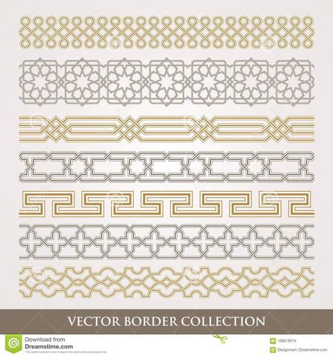 Islamic Seamless Geometric Border Set Stock Vector - Illustration of arabesque, gold: 108018574 Geometrical Border Design, Simple Islamic Motifs, Islamic Art Pattern Arabesque, Islamic Motifs Design, Islamic Border Design Frames, Islamic Patterns Vector, Geometric Border Design, Islamic Patterns Geometric, Arabic Pattern Design