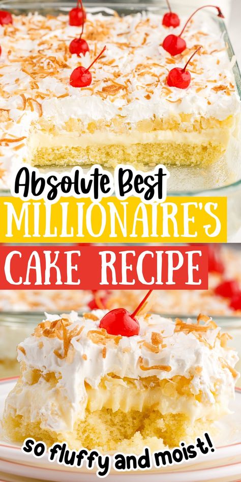 Taste Of Home Pina Colada Ice Box Cake, Cake With Pineapple And Cool Whip, Millionaire Cake Recipe, Pineapple Icebox Cake, Pineapple Box Cake Mix Recipes, Cake With Pudding Mix In It, Millionaires Cake, Pineapple Torte, Cool Whip Cake