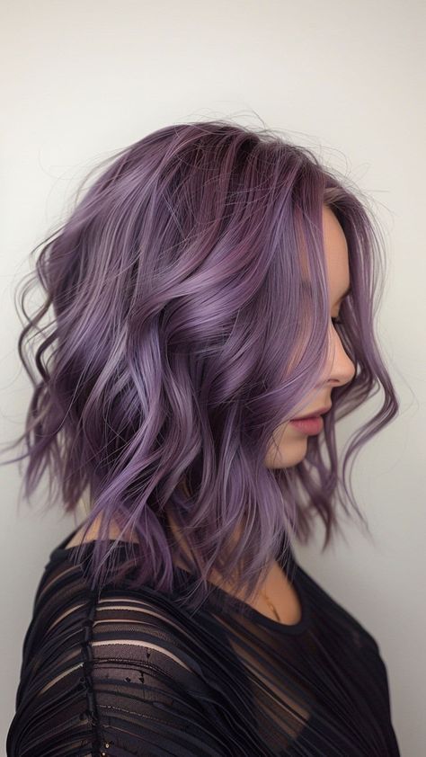 Dark Root Purple Hair, Dark Purple And Silver Hair, Dark Roots Purple Hair Balayage, Grey Purple Hair Color, Smokey Purple Hair Color, Deep Lavender Hair, Dark Lilac Hair, Purple Toned Hair, Smoky Purple Hair