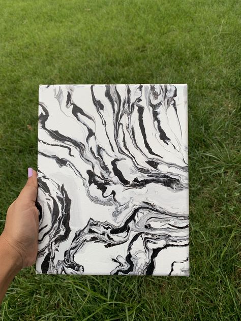 Acrylic pour painting using black and white Marble effect Marbled Canvas Diy Acrylic Paintings, Diy Marble Painting Canvas, Marbelling With Acrylic Paint, Black And White Marble Aesthetic, Black And White Paint Pour, Fluid Art Black And White, Koi Painting, Marbling Techniques, Marble Painting