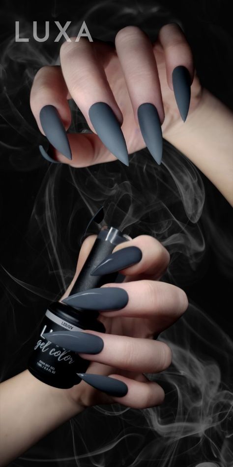 Gray Gel Nails, Classy Stiletto Nails, Gothic Nail Designs, Simple Stiletto Nails, Nails Design Simple, Grey Gel Nails, Luv Nails, Grey Nail Designs, Nail Designs Ideas