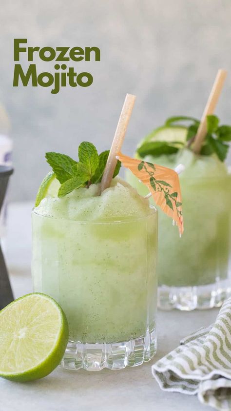 Elevate your classic Mojito by making these frozen mojitos this summer instead! Frozen mojitos have the same basic ingredients as the original drink: fresh mint, lime juice, light rum, and soda. This version uses limeade to keep the lime flavor strong even when blended with ice. #FrozenMojito