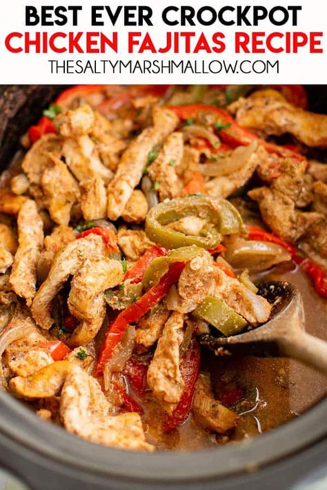 Crockpot Chicken Fajitas - treat yourself to a homemade dinner without breaking a sweat! Chicken breasts are sliced and slow cooked with a medley of bold ingredients like chunky salsa, bell peppers, and mouthwatering seasonings. Crockpot Chicken Fajita Recipes, Crock Pot Chicken Fajitas, Crockpot Fajitas, Slow Cooker Chicken Fajitas, Chicken Fajitas Crockpot, Chicken Fajita Recipe, Crock Pot Chicken, Fajita Recipe, Easy Slow Cooker