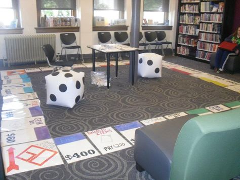 This is the Life-Size Monopoly Game I made. Each piece is 1/2 a piece of poster board with the corners being a piece of posterboard cut to be square. ALl decorated with markers/sharpies and laminated without names on the spaces so I can change the space names. The money is normal size so my teens can carry it as they play as their own pieces. Life Size Monopoly Game Diy, Life Size Game Board, Life Size Board Games Diy, Life Size Monopoly, Sorry Game, Life Size Games, High School Games, Classroom Engagement, Board Game Party