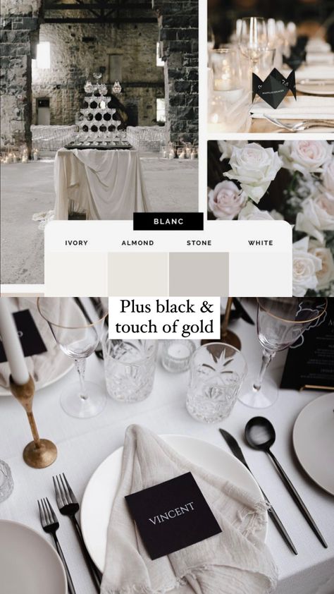 Taupe Black And White Wedding, Modern Classic Wedding Color Schemes, Black And White Wedding Color Pallet, Black Grey Wedding Theme, Black White And Metallic Wedding, Modern Classic Black And White Wedding, Neutral Black Wedding, Modern Monochromatic Wedding, Minimal Black And White Wedding Table Decor