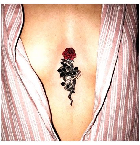 Female Tattoo Between Chest Tattoos Between Breast, Tattoo Between Breast, Rose Chest Tattoo, Chest Tattoo Stencils, Infected Tattoo, Full Chest Tattoos, Clavicle Tattoo, Tattoo Snake, Small Chest Tattoos