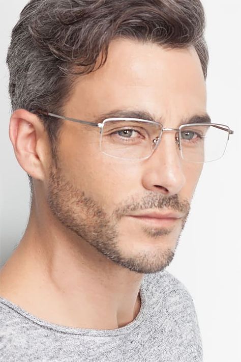 System - Rectangle Silver Frame Glasses | EyeBuyDirect Silver Frame Glasses, Man Glasses, Mens Eye Glasses, Glasses Man, Elegant Glasses, Men's Glasses, Movado Bold, Men Beard, Metal Eyeglasses