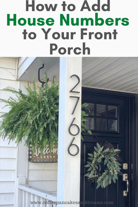 Add curb appeal to your home by installing metal house numbers. How to add address numbers to your house and how to choose the best house numbers. House Number On Column, Porch House Numbers, House Numbers On Porch Post, House Numbers On Post, Farmhouse Numbers On House, Ideas For House Numbers, House Numbers On Brick Home, Colonial House Number Ideas, House Numbers On Column