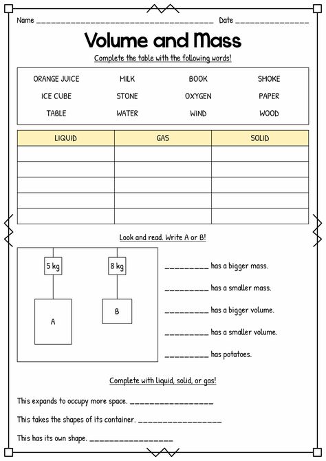 First Grade Science Worksheets, 1st Grade Science Worksheets, Total Physical Response, What Is Matter, 3rd Grade Science, Physical Science Activities, Volume Worksheets, Matter Activities, States Of Matter Worksheet