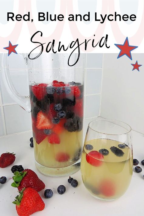 This delicious drink is festive, fancy and therefore perfect for Fourth of July celebrations. Not to mention, this fruity, boozy cocktail is amazing in summer, since the fruits and berries are in season. Traditionally, a Spanish red wine is used – but we wanted to create a lighter tasting, red, white and blue drink for a patriotic treat! So, get your glasses ready and greet your guests with a big pitcher of delicious LYCHEE SANGRIA! Lychee Sangria, Spanish Red Wine, Lychee Juice, Patriotic Treats, Blue Drink, Strawberry Parfait, White Sangria, Blue Drinks, Sweet Cocktails