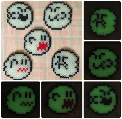 Perler Glow In The Dark, Perler Beads Glow In The Dark, Boo Perler Beads, Glow In The Dark Perler Bead Patterns, Ghost Perler Beads, Mario Perler Bead Patterns, Perler Mario, Perler Bead Mario, Beads Halloween