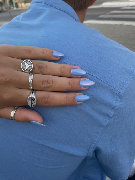 Spring Nails Periwinkle, March Nail Inspo Almond, Periwinkle Nails Chrome, Shimmer Blue Nails, Nails To Go With Light Blue Dress, Light Blue Nails Inspiration, Prom Nails Periwinkle, Periwinkle Prom Nails, March Almond Nails Ideas