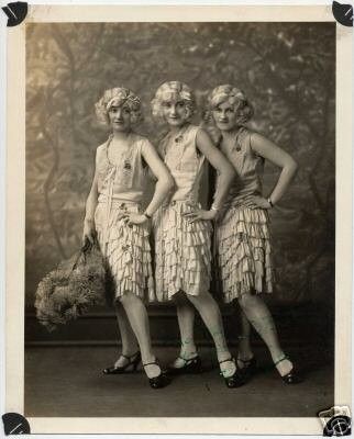 Vaudeville Group 'The Three Kittens' Flapper. Female impersonators, c.1920s   From worthpoint.com 1920s Vaudeville, Queer Fashion Tomboys, Cheese Costume, Female Impersonators, Pontiac Michigan, Chicago Musical, Flapper Hair, Fashion Through The Decades, Rocker Outfit