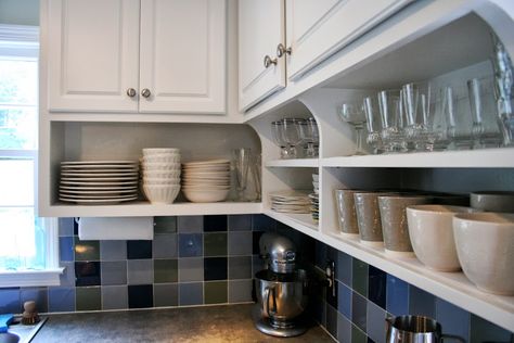 building open shelving below existing cabinets Open Shelf Kitchen Decor, Glass Shelves Kitchen, White Cupboards, Diy Kitchen Renovation, Open Kitchen Shelves, New Kitchen Cabinets, Kitchen Cabinets Makeover, Diy Kitchen Cabinets, Built In Cabinets