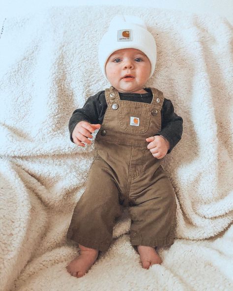 Carhartt Baby Boy Pictures, Toddler Carhartt Outfit, Carhartt Beanie Outfit Baby Boy, Baby Overalls Photoshoot, Baby Boy Carhartt Overalls Outfit, Baby Boy Overalls Outfit Fall, Fall Baby Clothes Boy, Carhartt Photoshoot, Overall Baby Boy Outfit