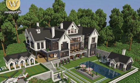 Minecraft House Inspo Mansion, Mc Mansion House Design, Minecraft Farmhouse Mansion, Minecraft Mansion Easy, Modern Mansion Minecraft Tutorial, Minecraft Mansion, Minecraft Houses Blueprints, Minecraft Modern, Minecraft Farm