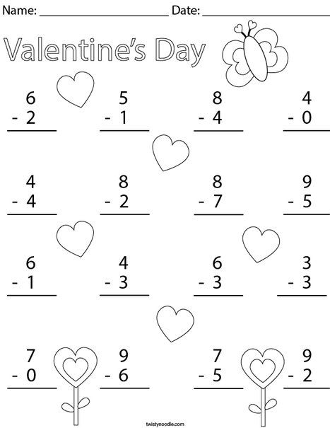 Valentine's Day Single Digit Subtraction Math Worksheet - Twisty Noodle Valentine Subtraction Kindergarten, February Worksheets First Grade, Valentine First Grade Activities, Valentine Kindergarten Worksheets, Valentines Worksheets Kindergarten, Valentine’s Day Worksheet, Valentine Elementary, Valentines Day Worksheets, Single Digit Subtraction