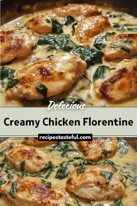 Creamy Chicken Florentine is a comforting dish featuring tender chicken breasts simmered in a rich, creamy sauce with garlic, Parmesan cheese, and fresh spinach. The addition of lemon juice brightens the flavors, making it a perfect, indulgent meal. Creamy Chicken Florentine, Easy Spinach Recipes, Chicken Florentine Recipe, Creamy Spinach Chicken, Florentines Recipe, Asian Chicken Recipes, Chicken Florentine, Christmas Recipes Easy, Pre Cooked Chicken