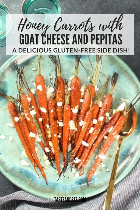 Honey Roasted Carrots with Goat Cheese and Pepitas... sweet and savory and so delicious! The natural sweetness from the carrots and honey caramelize perfectly while roasting. They're finished off with creamy goat cheese and toasted pepitas, creating an amazingly flavorful side dish. Roasted Carrots With Goat Cheese, Carrots With Goat Cheese, Toasted Pepitas, Carrots In Oven, Honey Carrots, Easy Vegetable Recipes, Honey Glazed Carrots, Creamy Goat Cheese, Honey Roasted Carrots