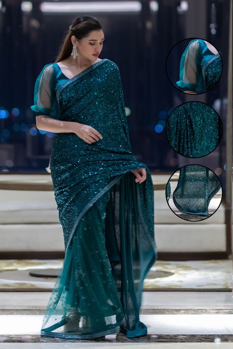 Tea Green Sequins Saree & Blouse Piece Teal Saree Look, Blouse Design For Sequence Saree, Teal Colour Saree, Sequence Saree Blouse Designs, Blouse Models For Fancy Sarees, Sequence Blouse Design, Farewell Aesthetic, Sequence Saree Blouse, Sequined Saree