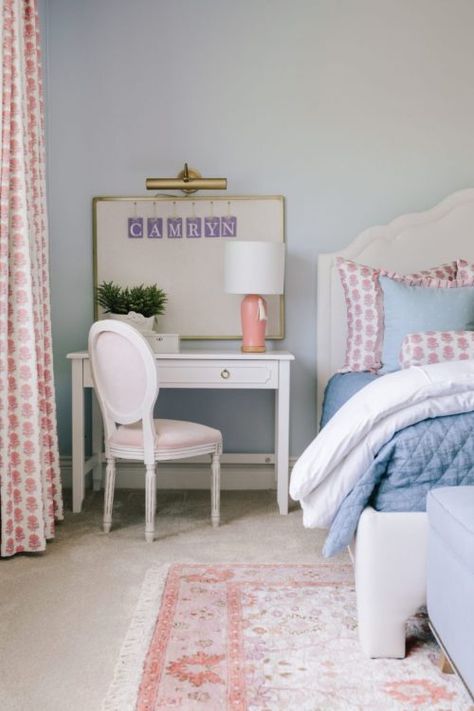 House Beautiful Feature: Middleton, Wisconsin Project Pt. 2 | Bria Hammel Interiors Blue Girls Rooms, Castle Homes, Girls Blue Bedroom, Bria Hammel, Girls Rooms, Bedroom Wallpaper, White Desks, Blue Rooms, Big Girl Rooms