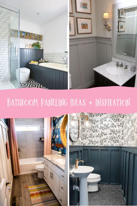 Bathroom Panelling Colours, Downstairs Bathroom Panelling, Wall Panel Design Bathroom, Vertical Wood Paneling Bathroom, Wood Paneling Makeover Bathroom, Bathroom With Wooden Panelling, Tile And Panel Bathroom, Bathroom Remodel Paneling, Shower Room Panelling