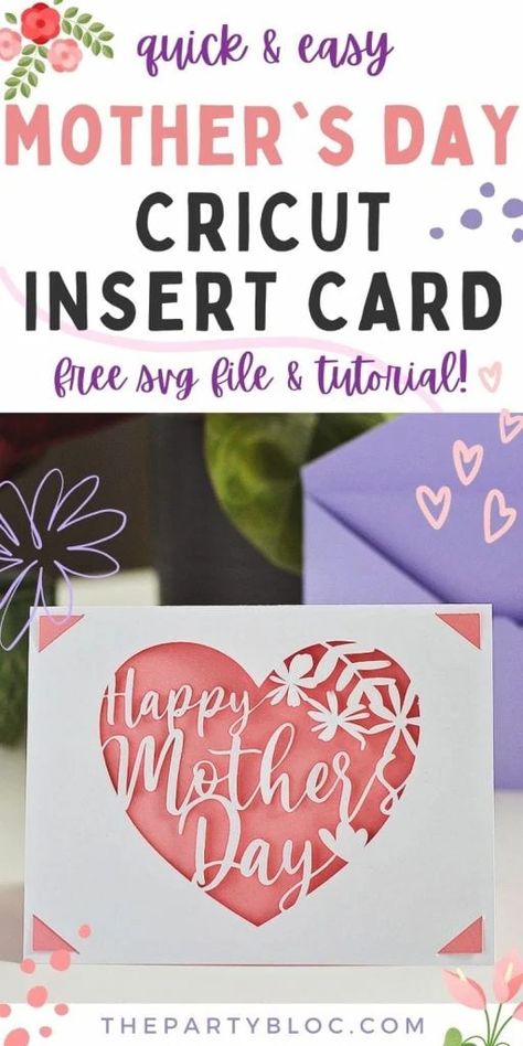 quick and easy Mother's Day Cricut Insert card. The card has a cutout heart and says "Happy Mother's Day" inside Free Mothers Day Cards, Cricut Projects Easy, Mothersday Cards, Diy Mother's Day, Projets Cricut, Happy Mother's Day Card, Cricut Projects Beginner, Cricut Cards, Envelope Template