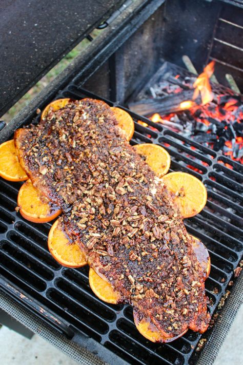 Bourbon Bacon Pecan Salmon - Over The Fire Cooking Pecan Salmon, Seafood Cuisine, Over The Fire Cooking, Bourbon Bacon, Salmon Soy Sauce, Smoked Salmon Recipes, Summer Grilling Recipes, Healthier Choices, Salmon Filet