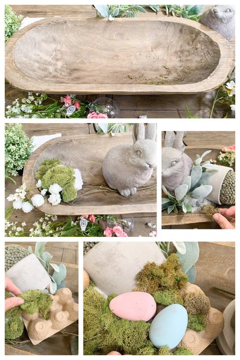 How to Style a Dough Bowl for Spring - My Uncommon Slice of Suburbia Wooden Bread Bowl Centerpiece Decorating Ideas, Easter Dough Bowl Ideas, Easter Dough Bowl Centerpiece, Spring Dough Bowl Ideas, Spring Dough Bowl Decor, Easter Dough Bowl Decor, Easter Dough Bowl, Style A Dough Bowl, Bowl Centerpieces