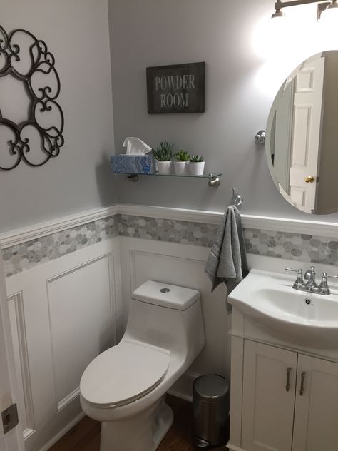 Wainscoting Powder Room, Small Bathroom Redo, Cheap Bathroom Makeover, Small Half Bathrooms, Lake Bathroom, Fish Bathroom, Bathroom Under Stairs, Powder Room Remodel, Antique Bathroom