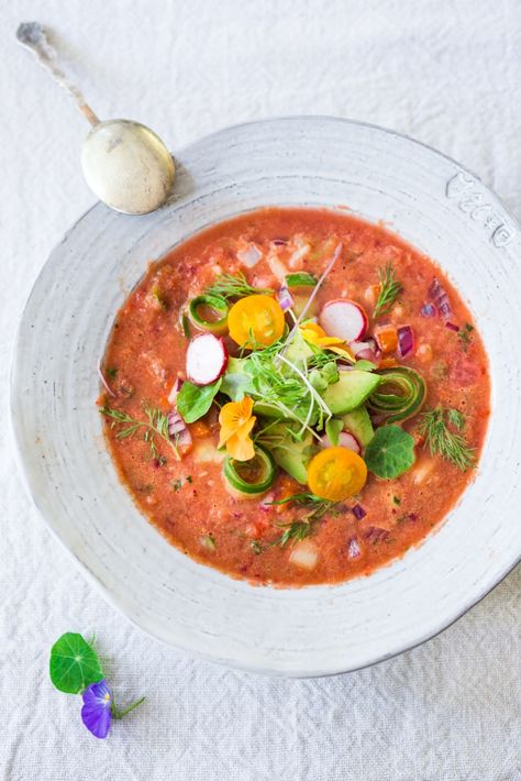 Cool and refreshing Watermelon Gazpacho with avocado, cucumber and sprouts. A easy chilled soup for summer! | www.feastingathome.com Watermelon Soup, Soup Recipes Healthy Vegetarian, Summertime Food, Avocado Cucumber, Chilled Soup, Summer Eats, Watermelon Gazpacho, Cold Soup, Best Gluten Free Recipes