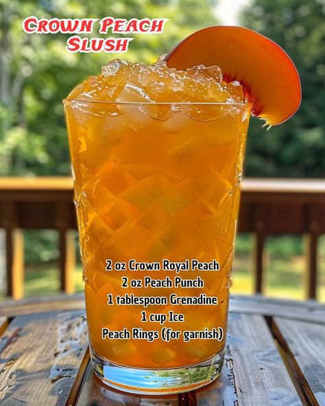 Crown Peach Slush 🍑🍹 A... - Recipes Gourmand Pantry Peach Crown Drinks Recipes, Crown Peach Slush, Crown Peach Mixed Drinks, Crown Peach Cocktail, Peach Wine Slushie, Peach Rings, Adult Drinks, Summer Drinks, Summer Fun