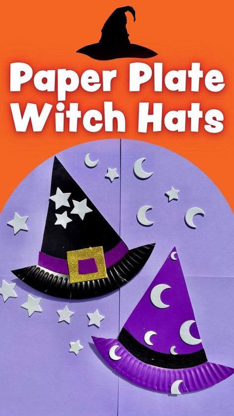 💜 Abracadabra! 💜 looking for a fun witches craft idea?! These witches hats are super easy to create using a paper plate, glitter card and glow in the dark stars! They are the perfect DIY Halloween craft and will be sure to cast a spell on you What are your Halloween plans?! Easy October Crafts Kindergarten, Halloween Witch Crafts Preschool, Schoolage Halloween Crafts, Witches Hat Preschool Craft, Shape Witch Craft, Witches Cauldron Craft Preschool, Witch Hat Art Projects For Kids, Halloween Crafts For Three Year Olds, Witch Hat Craft Preschool