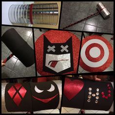 Harley Quinn mallet DIY i used two 5 pounds milk containers and a wood broomstick. Lots of tape and glittered foamy!!! Harley Quinn Mallet, Harley Quinn Diy, Villains Party, 21st Bday Ideas, Harley Quinn Comic, Diy Costumes Kids, Harley Quinn Costume, Harley Quinn Cosplay, Cosplay Tutorial