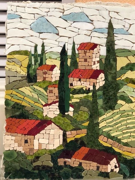 Vitreous Glass Mosaic, Mosaic Projects Paper, Paper Mosaic Art Ideas, Mosaic Art Ideas Easy, Modern Mosaic Art, Rock Painting Idea, Landscape Mosaic, Mosaic Art Diy, Paper Mosaic