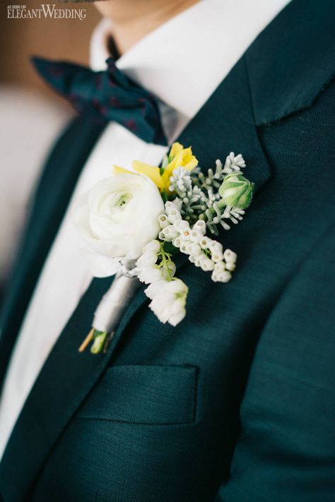 38 Creative Groom Boutonniere Ideas | ElegantWedding.ca White And Yellow Boutonniere, Fresh Wedding Bouquets, Yellow Boutonniere, Boutonniere White, Yellow Wedding Decorations, Boutonniere Ideas, Green Boutonniere, Wedding Boutonnieres, Honey Wedding