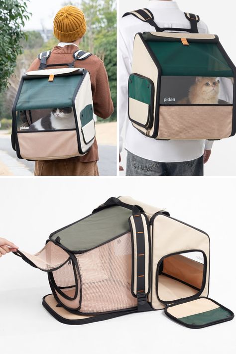 Almost like an RV for your pet, the Travel Habitat Carrier is a cat shelter that you can carry around on your back wherever you go. Designed with an expandable form, the backpack transforms into a spacious home for your cat, with ample ventilation, an integrated litter box, and enough space for a kibble and water bow too. Shop Now! Pet Bag Carrier, Cat Carry Bag, Cat Carrying Bag, Cat Carrier Bag Diy Free Pattern, Cat Travel Bag, Cat Travel Essentials, Diy Pet Carrier, Cat Carrier Diy, Baby Beetlejuice