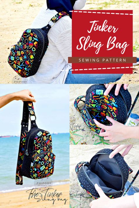 Tinker Sling Bag sewing pattern. This is a trendy sling-style, comfortable to wear, backpack that can be worn several ways. It's just the right size for a day out. This sling bag sewing pattern makes the ideal comfortable backpack to sew for adults and kids. Wear it as a crossbody bag front or back. Lots of great pockets inside and out. SewModernBags Sling Bag Pattern Free, Sling Bag Sewing Pattern, Sling Bag Diy, Diy Sling Bag, Sling Bag Pattern, Crossbody Bag Pattern, Bag Sewing Pattern, Bags Ideas, Bag Pattern Free