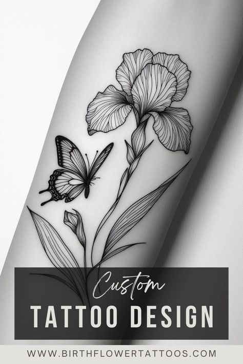 🌼✨Iris and Butterfly Flower Tattoo – February Birth Flower in Minimal Doodle Style✨🌿 Iris Flower Tattoo Design, Flower Tattoo February, Iris Tattoo Design, February Birth Flower Tattoo, Butterfly Flower Tattoo, Iris Flower Tattoo, Lilac Tattoo, February Birth Flower, February Birth Flowers