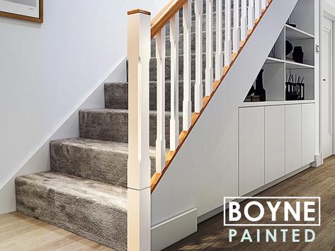 Small Upstairs Hallway, Square Newel Post, Wooden Staircase Railing, Stairs Cladding, Inset Stoves, White Staircase, Stair Spindles, Parts Of Stairs, Building Stairs