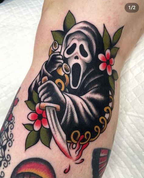 Spooky Shin Tattoo, Dracula Tattoo, Traditonal Tattoo, Train Tattoo, Halloween Tattoos Sleeve, Traditional Black Tattoo, Horror Movie Tattoos, Shin Tattoo, Movie Tattoos