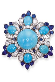 TURQUOISE, SAPPHIRE AND DIAMOND JEWELLERY, BY HARRY WINSTON  Comprising a brooch, designed as a flowerhead with a central cabochon turquoise, in a circular-cut diamond and pear-shaped sapphire undulating surround, to the cabochon turquoise petals, each framed by baguette-cut diamonds and pear-shaped sapphires; Signed Harry Winston. Emerald Watch, Harry Winston Jewelry, Silver Brooch Pin, Lapis Jewelry, Harry Winston, Diamond Brooch, Jewelry Tree, Turquoise Rings, Pin Jewelry