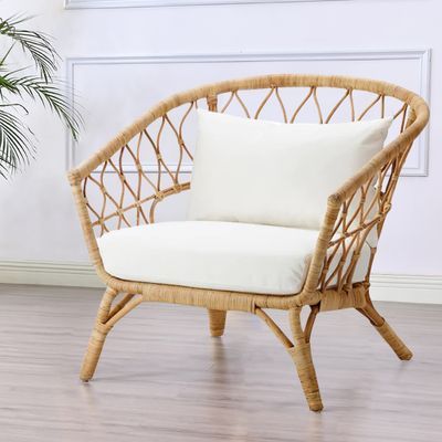 PE Rattan Accent Chair Fabric Upholstered with Cushion Chair Boho Accent Chair, Rattan Accent Chair, Chic Accent Chairs, Recliner With Ottoman, Balcony Chairs, Cushion Chair, Arm Chair Styles, Boho Chair, White Upholstery