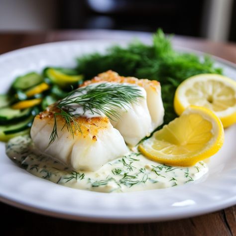 Poached Cod with Lemon Dill Sauce Lemon Dill Fish Recipes, Poached Cod Fish Recipes, Lemon Dill Cod, Sauce For Cod, Poached Fish Recipes, Creamy Lemon Dill Sauce, Vegan Spinach Dip, Poached Cod, Poached Fish