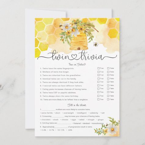 Twin Trivia Sweet as Can Bee Baby Shower Game Twin Shower Themes, Twin Trivia, Twins Baby Shower Ideas, Bee Baby Shower Decoration, It's A Baby Boy, Mama To Bee, Sweet As Can Bee, Honey Bee Baby Shower, Bee Theme Party