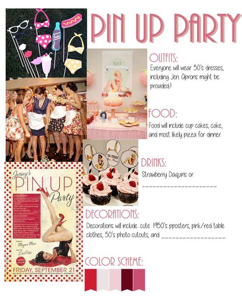 Pin Up Party/1950's Housewife Bachelorette Theme Pinup Bachelorette Party Ideas, 50s Themed Bachelorette Party, Pinup Party Theme, 50s Bachelorette Party, Frenchie Wedding, Up Party Decorations, Pinup Party, Pin Up Party, Retro Bridal Showers