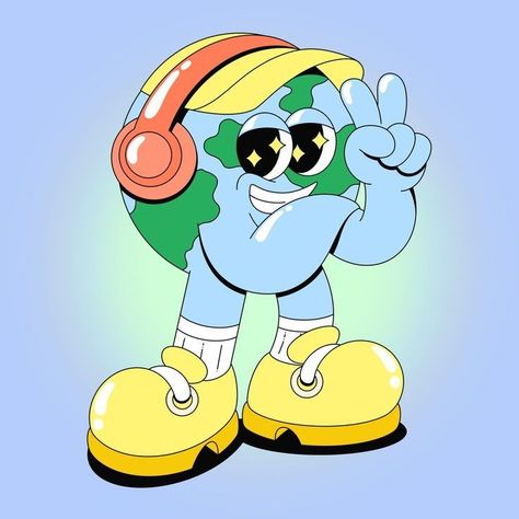 #retro #mascotvintage #retrovintage #cartooncharacter Headphones Graphic Design, Earth Character Design, Character Wearing Headphones, Headphone Illustration, Headphones Illustration, Earth Character, Earth Cartoon, Mascot Illustration, Graphic Cartoon