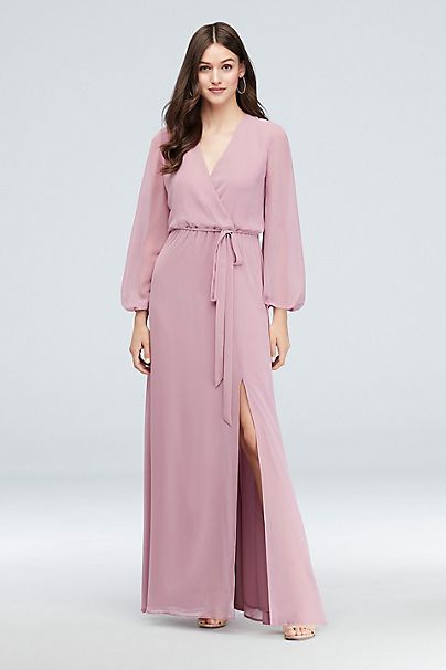 Long Sleeve Chiffon Faux-Wrap Dress | David's Bridal Olive Green Bridesmaid Dresses, Plus Size Ball Gown, Wrap Dress Bridesmaid, Long Sleeve Bridesmaid Dress, Wrap Dress Styles, Beach Bridesmaid Dresses, Dusty Rose Bridesmaid Dresses, Halter Bridesmaid Dress, Rose Bridesmaid Dresses